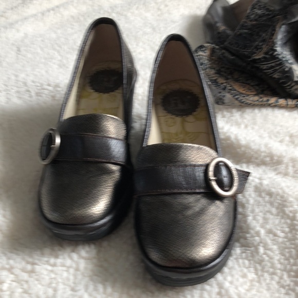 Fly London Yond Wedge Shoes 38 Bronze Gold Leather Suede Slip On Loafers - Picture 3 of 11